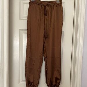 Allegra K Brown Satin Drawstring Joggers